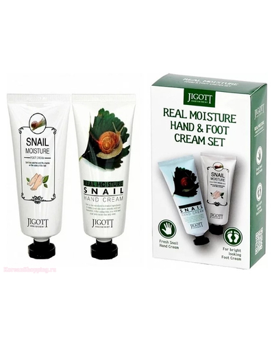 Кликните для увеличения изображения Набор крем для рук и ног Jigott Real moisture hang & foot cream set с экстрактом слизи улитки 100мл + 100мл